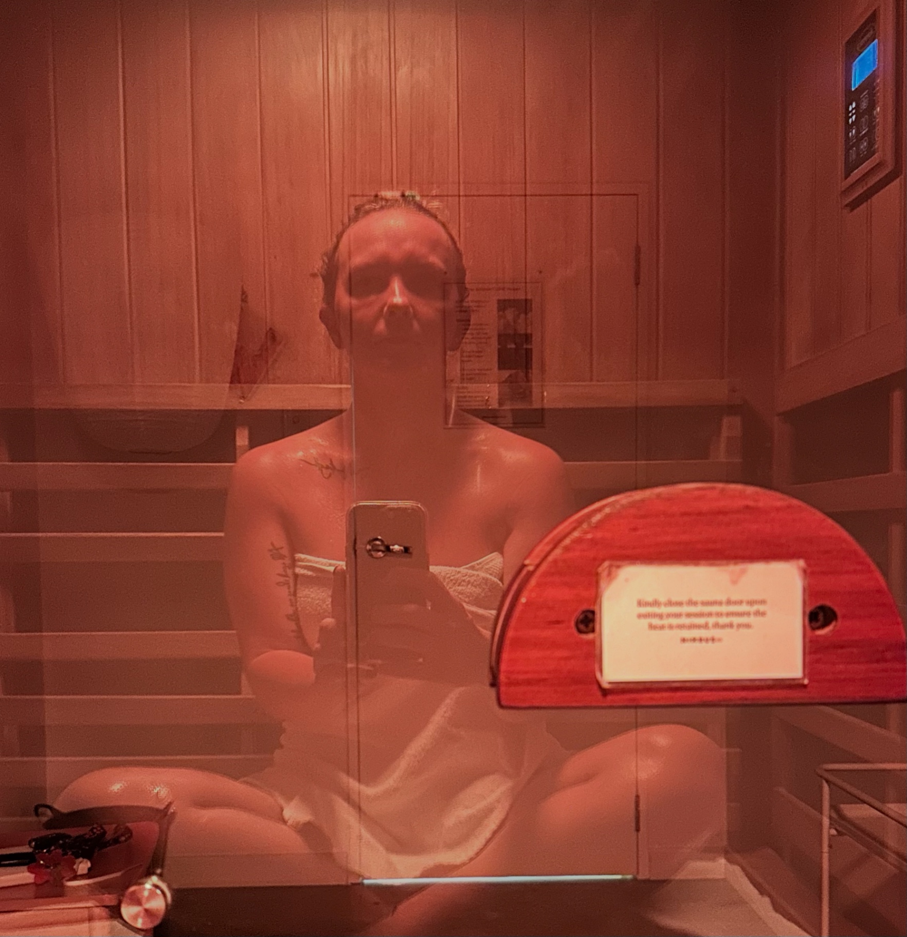 Lauren taking a moment for herself in the sauna