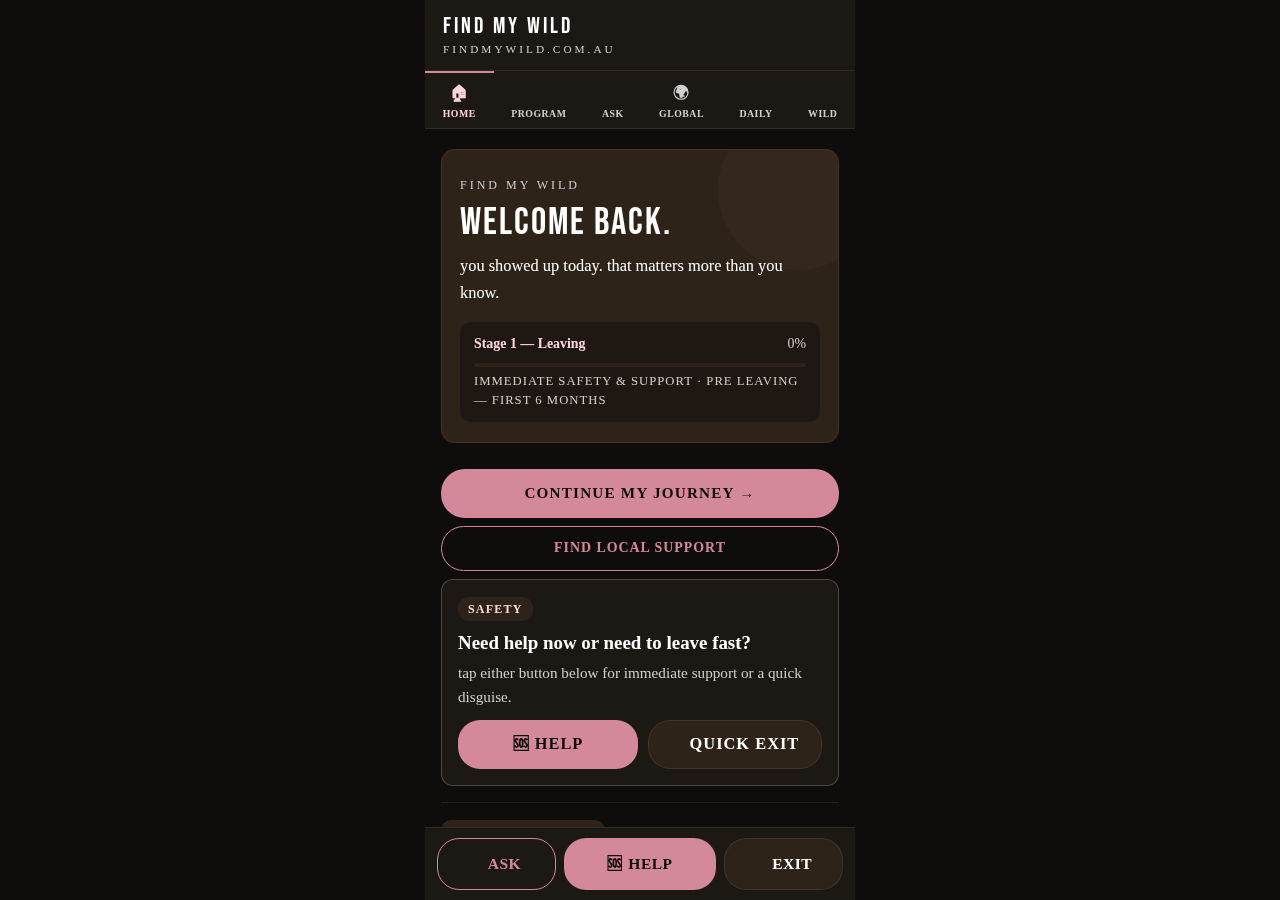 Find My Wild app: Home dashboard